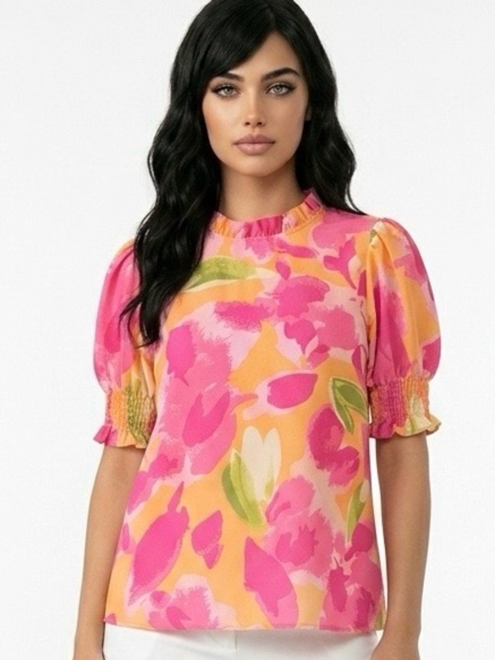 Vibrant Pink and Yellow Floral Puff-Sleeve Blouse